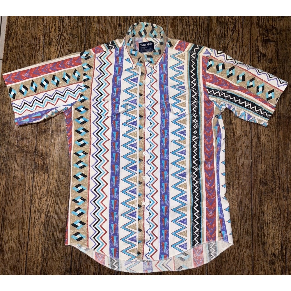 Vintage Wrangler Shirt Mens 15.5 Aztec Cowboy Cut Short Sleeve Western 90s